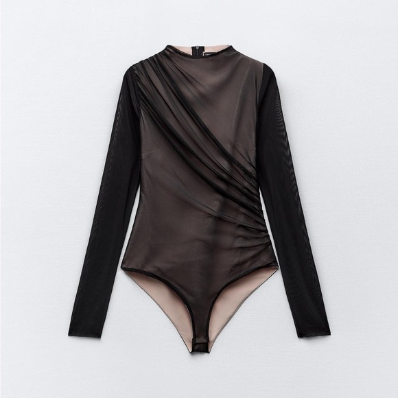 Zara Tops - Zara Black Sheer Draped Bodysuit